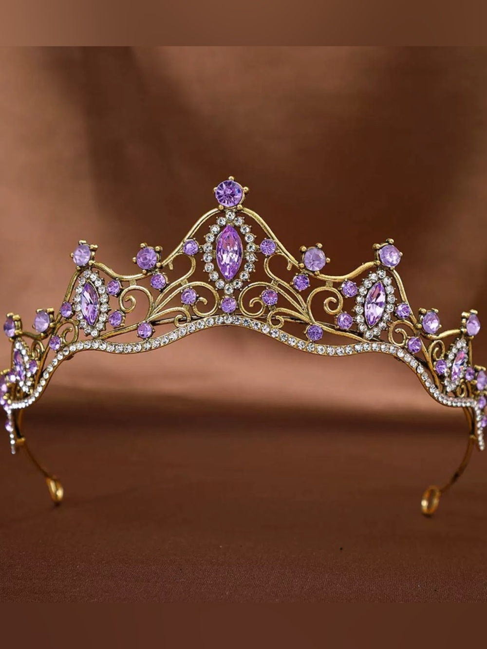 Gold Tiara with Amethyst Purple Crystals - Elegant Women's Headpiece